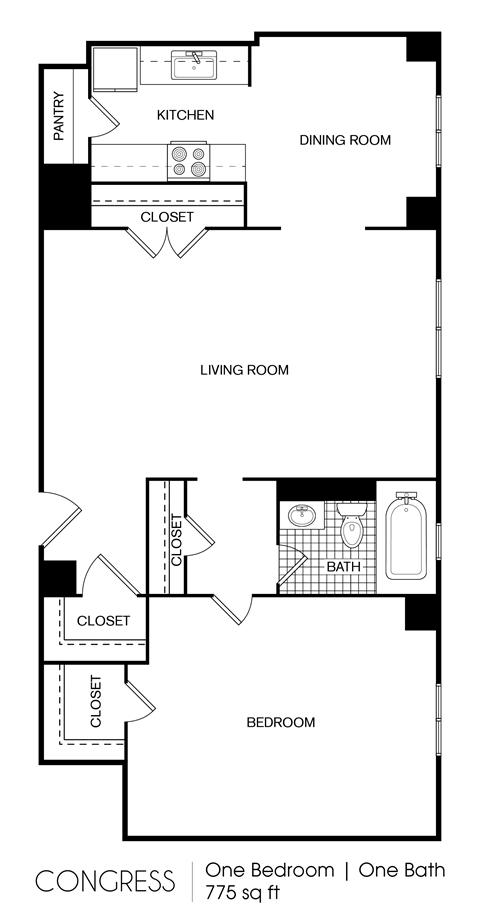 Floor plan for 1 bed, 1 bath, 775 sqft